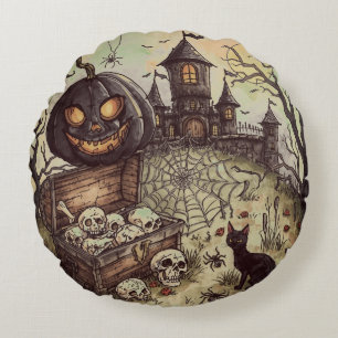 Coussins Ronds La nuit d'Halloween : Le citrouille noir effrayant
