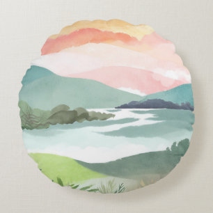Coussins Ronds Lac Lever de soleil du matin   Aquarelle Nature