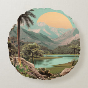 Coussins Ronds Lac Tropical Surreal Avec Palmiers