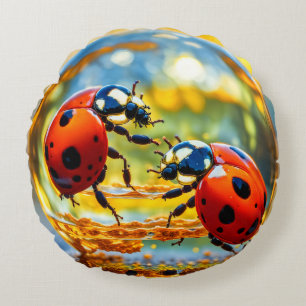 Coussins Ronds Ladybugs dans une goutte d'eau