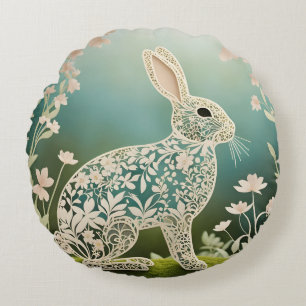 Coussins Ronds Lapin d'art floral blanc de printemps 