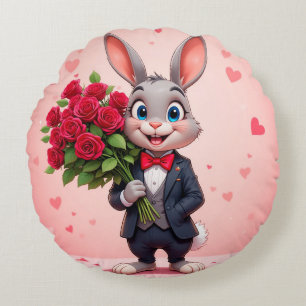 Coussins Ronds Lapin de dessin animé charmant tenant des roses