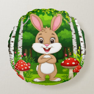 Coussins Ronds Lapin de dessin animé mignon debout dans une forêt