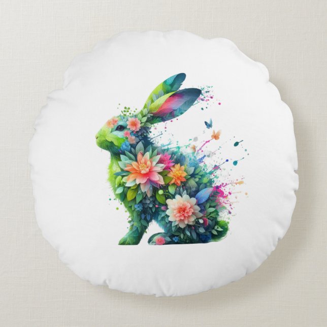 Coussins Ronds Lapin de lapin de puissance de fleurs (Devant)