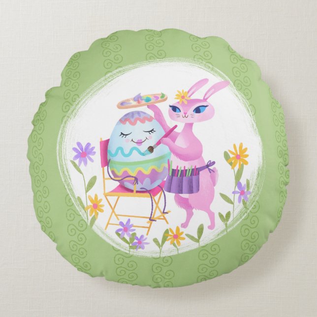 Coussins Ronds Lapin de Pâques rose et oeuf | (Devant)