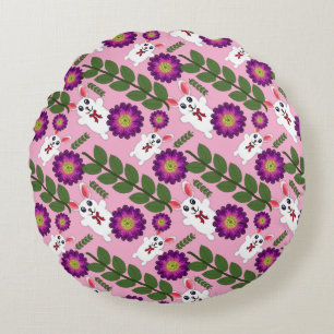 Coussins Ronds Lapin de printemps Kawaii : Floral violet vibrant 