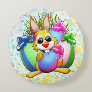 Coussins Ronds Lapin drôle mordant un œuf de Pâques