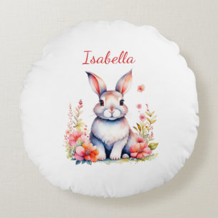 Coussins Ronds Lapin personnalisé aux fleurs roses