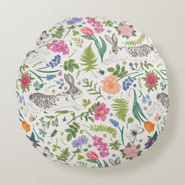 Coussins Ronds Lapins, papillons et fleurs (Devant)