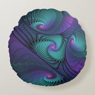 Coussins Ronds L'art fractal abstrait moderne rencontre le turquo