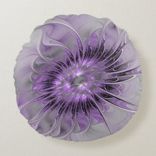Coussins Ronds Lavande Fleur Dream Moderne Abstrait Fractal Art