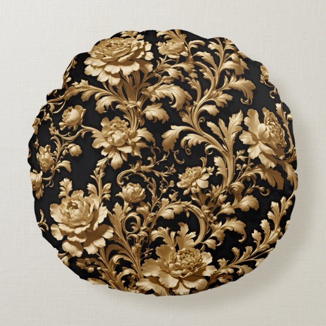 Coussins Ronds L'élégance dévoilée : La florale baroque Noir (Devant)