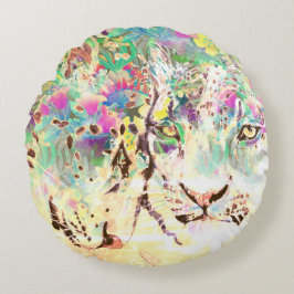 Coussins Ronds Léopard des neiges fleurs tropicales animal hawaïe