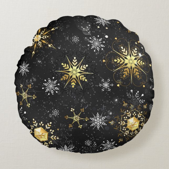 Coussins Ronds Les flocons dorés de Noël sur l'Arrière - plan noi (Devant)