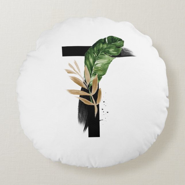 Coussins Ronds Lettre Boho Tropical Green T Monogramme (Devant)