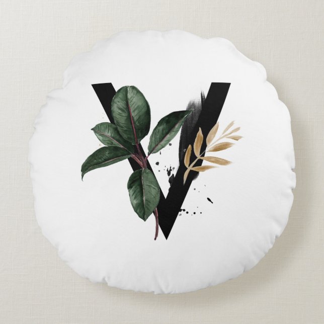 Coussins Ronds Lettre Boho V Monogramme Aquarelle Feuilles tropic (Devant)