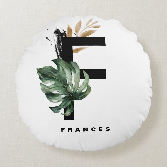 Coussins Ronds LETTRE BOHON F MONogramme | Feuilles tropicaux de  (Devant)