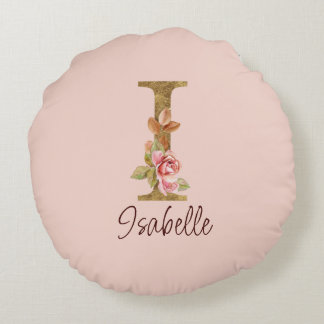 Coussins Ronds Lettre de nom personnalisée I Roses roses blush en