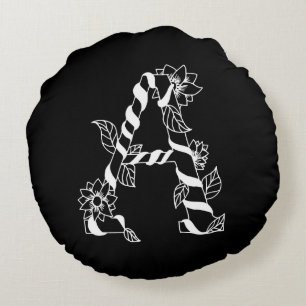 Coussins Ronds LETTRE NOIRE ET BLANCHE "A" AVEC FLEURS Jumelantes
