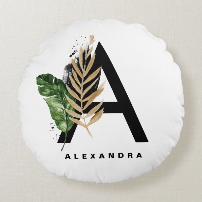 Coussins Ronds Lettre Tropicale Gold Foil A Monogramme Personnali (Devant)