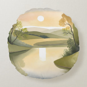 Coussins Ronds Lever de soleil sur la rivière   Aquarelle jaune