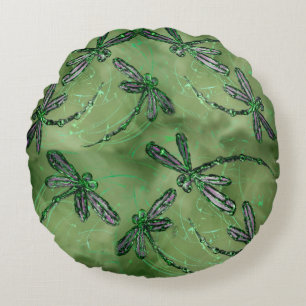 Coussins Ronds Libellules à ailes violettes sur fond vert citron 