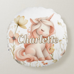 Coussins Ronds Licorne fleur sauvage pastel fantaisiste