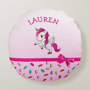 Coussins Ronds Licorne rose et pépites de bonbons personnalisées