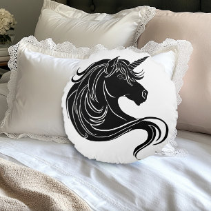 Coussins Ronds Licorne Tribale Noire Fantastique Minimaliste Blan