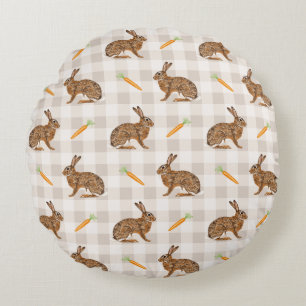 Coussins Ronds Lièvre de printemps et carotte Gingham beige rusti