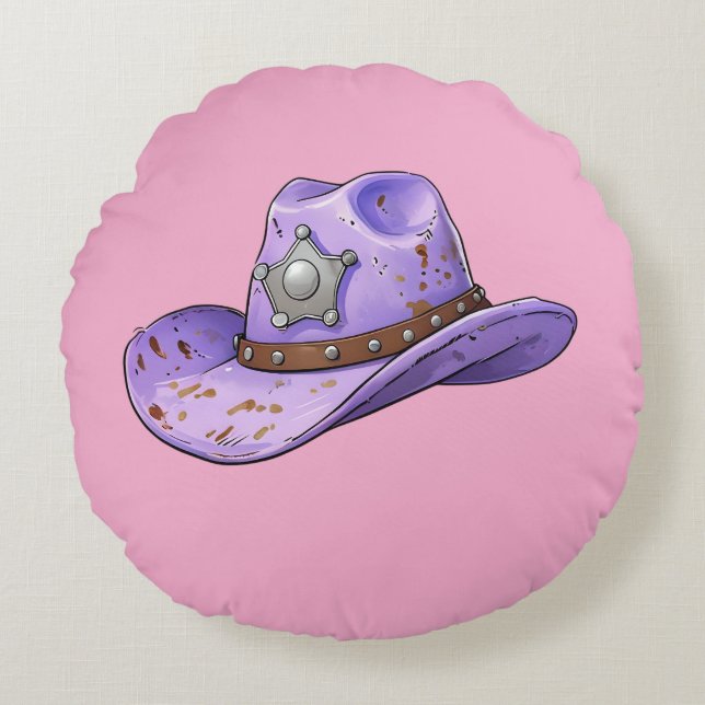 Coussins Ronds Light Purple Cowgirl Hat-Pink Background (Devant)