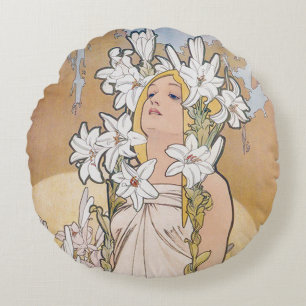 Coussins Ronds Lily (Quatre Fleurs), Oreiller Alphonse Mucha