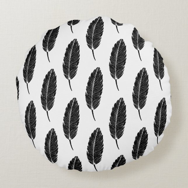 Coussins Ronds Linocut en plumes rustiques noir et blanc (Dos)