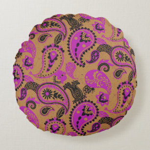 Coussins Ronds Linocut Paisley Traditionnel Vivid Moutard Rose