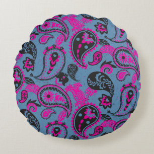 Coussins Ronds Linocut Paisley Traditionnel Vivid Rose Dusky Bleu