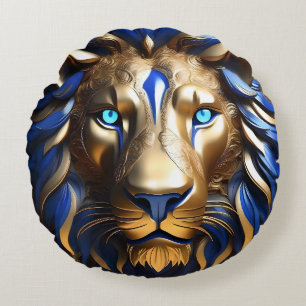 Coussins Ronds Lion bleu saphir et or