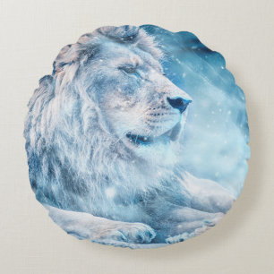 Coussins Ronds Lion neige couché animal d'art
