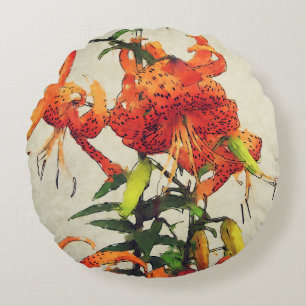 Coussins Ronds Lis lis tigre aquarelle orange 1