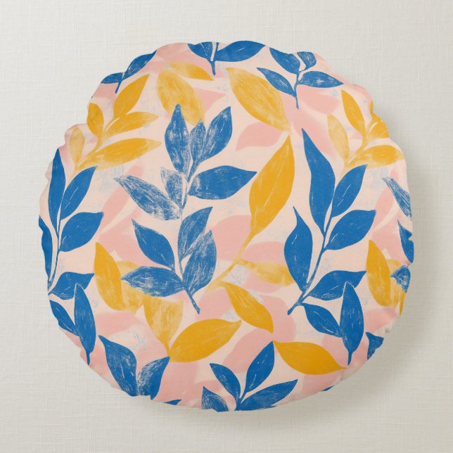 Coussins Ronds Lithographe bleu jaune rose amusant botanique feui (Devant)