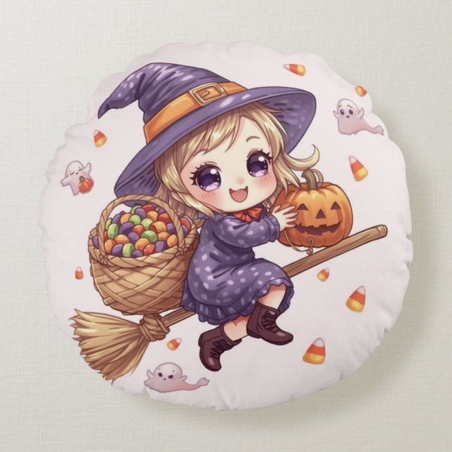 Coussins Ronds Little Witch with Pumpkin Round Pillow (Devant)