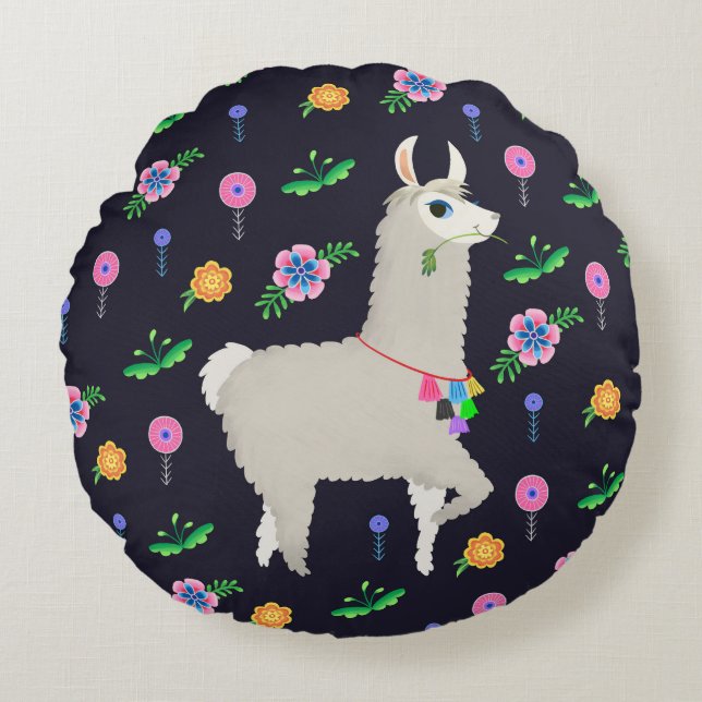 Coussins Ronds Llama aux fleurs (Devant)
