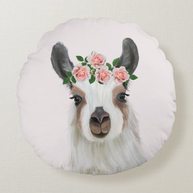 Coussins Ronds Llama Fluffée Cute Avec Couronne Fleur Rose Rose (Devant)