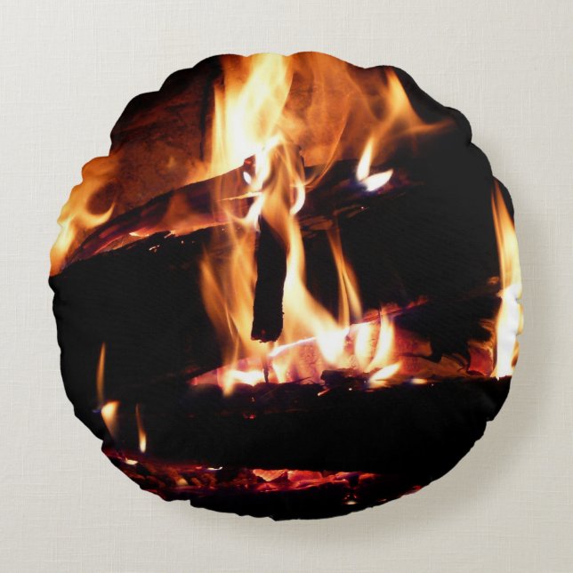Coussins Ronds Logs dans la cheminée Photographie de feu chaud (Devant)
