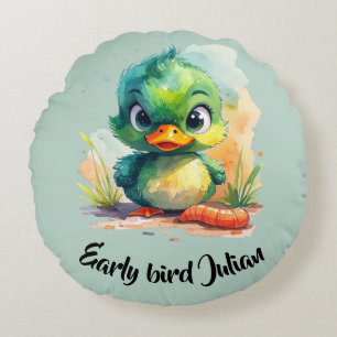 Coussins Ronds L'oiseau matinal, le petit canard vert attrape le