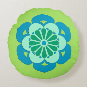Coussins Ronds Lotus Flower Mandala, Lime Green et Bleu clair