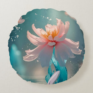 Coussins Ronds Lotus rose rêveur et papillon dans l'eau aqua