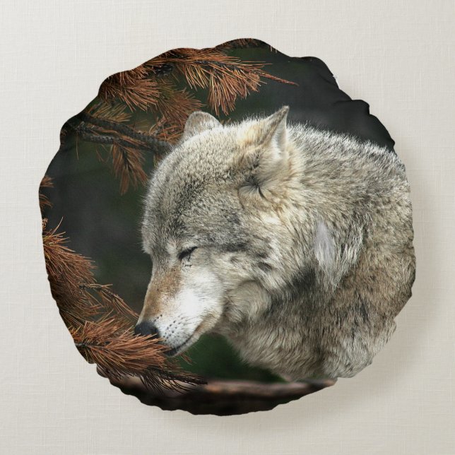 Coussins Ronds Loup à bois contemplatif (Dos)