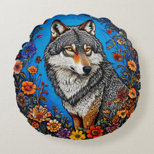 Coussins Ronds Loup parmi des fleurs vibrantes