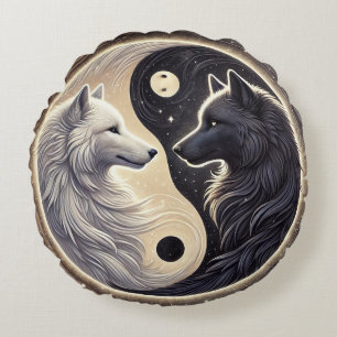 Coussins Ronds Loups blancs et noirs représentant Yin et Yang