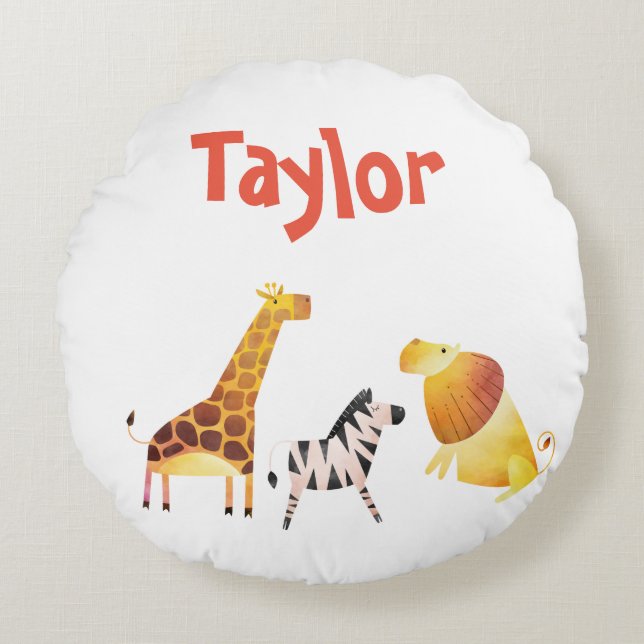 Coussins Ronds Lovely Safari Giraffe Lion et Zebra (Devant)